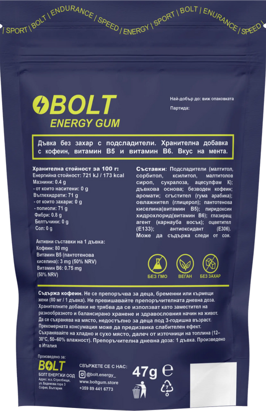 Bolt energy gum backside with nutritional information and ingredients list.